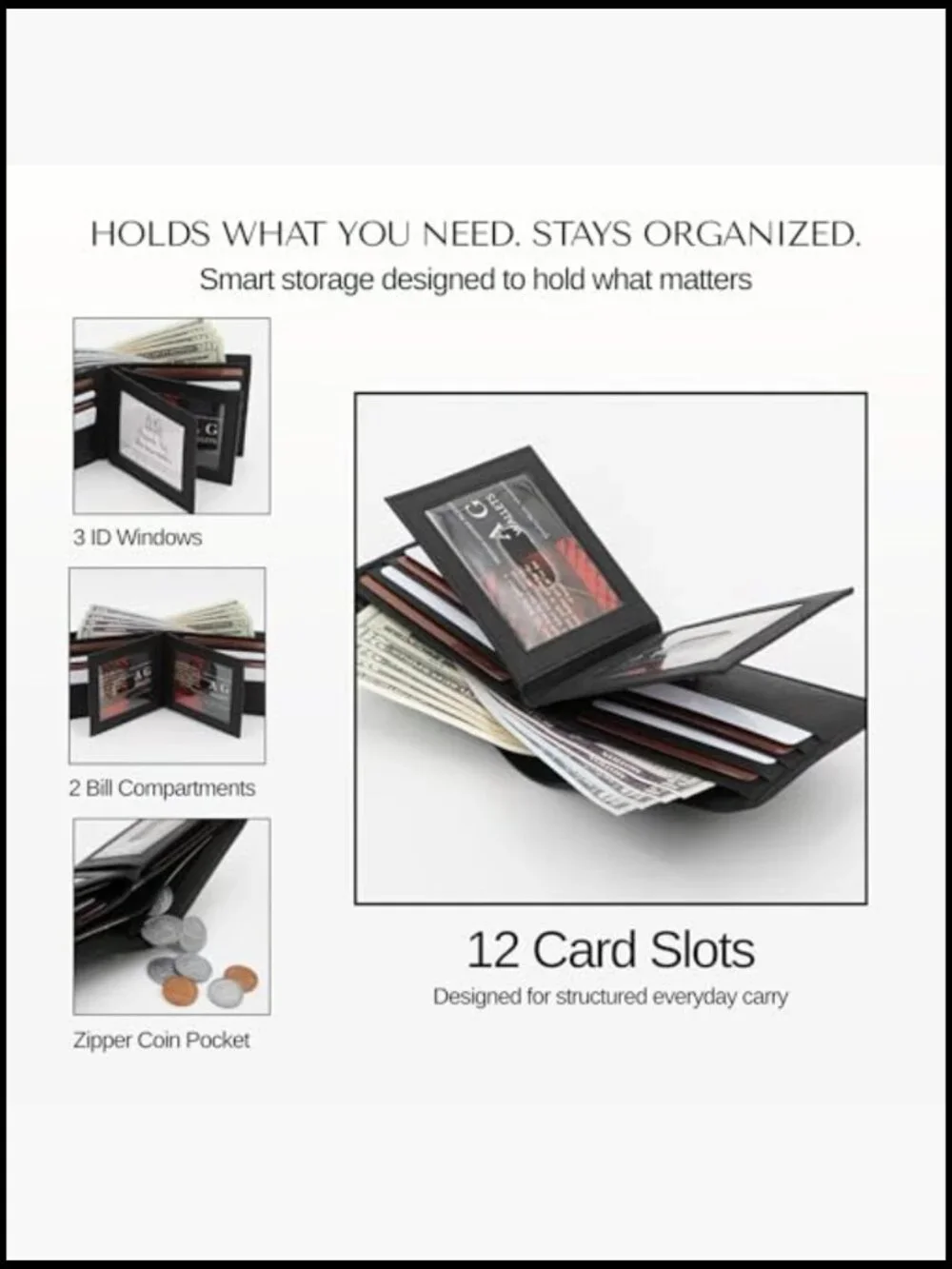 Bifold Leather Wallet with RFID Blocking, 14 Card Slots, Zipper Coin Pocket